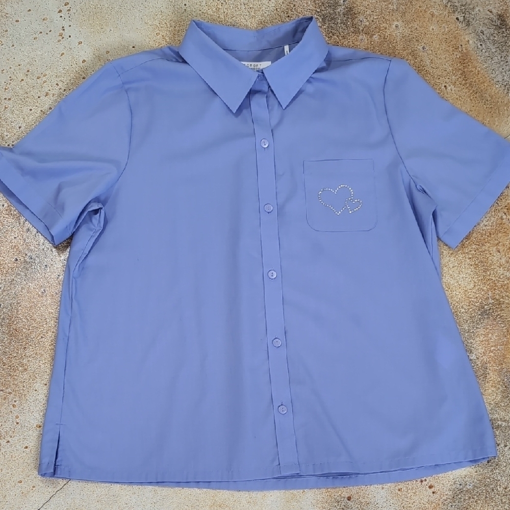 Foxcroft | Periwinkle Blue Heart Pocket Button Down Short Sleeve Size 14 - Picture 2 of 9